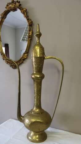 A beautiful large vintage solid brass Aftaba with ornate hand chased detailing. Fabulous!!!!