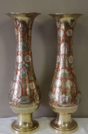 A exquisite large vintage decorative brass vases from India w/ colourful detailing. Lifespace Sale