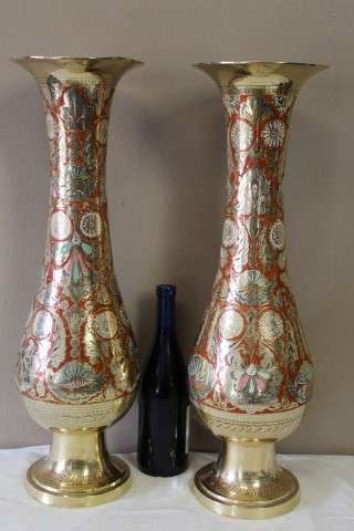 A exquisite large vintage decorative brass vases from India w/ colourful detailing. Lifespace Sale
