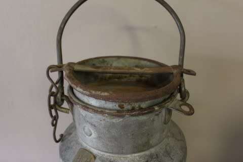 A pair of vintage metal cream/ milk canisters (2 gallon/5ltr) with loads of charm & character.