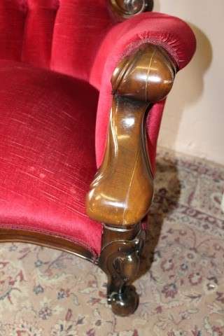 An elegant pair of antique Victorian styled arm chairs w/ button detailing & gorgeous fabric.