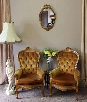 Stylish pair antique carved Victorian arm chairs w/ button detailing & gorgeous fabric PRICE 4 TWO