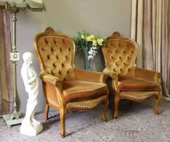 Stylish pair antique carved Victorian arm chairs w/ button detailing & gorgeous fabric PRICE 4 TWO