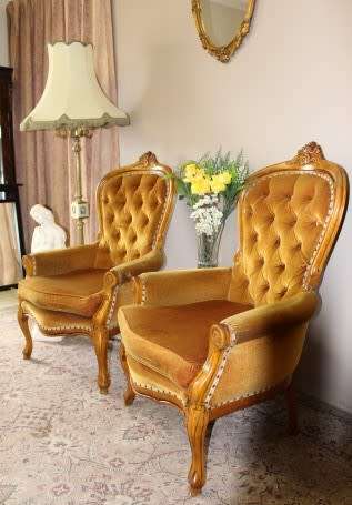Stylish pair antique carved Victorian arm chairs w/ button detailing & gorgeous fabric PRICE 4 TWO