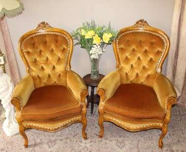 Stylish pair antique carved Victorian arm chairs w/ button detailing & gorgeous fabric PRICE 4 TWO