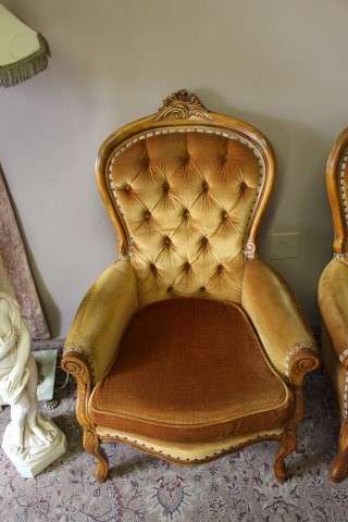 Stylish pair antique carved Victorian arm chairs w/ button detailing & gorgeous fabric PRICE 4 TWO
