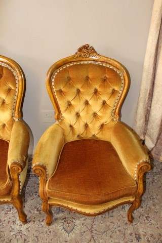 Stylish pair antique carved Victorian arm chairs w/ button detailing & gorgeous fabric PRICE 4 TWO