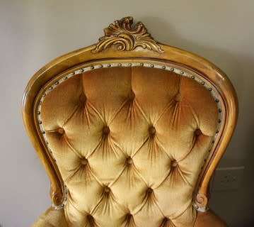 Stylish pair antique carved Victorian arm chairs w/ button detailing & gorgeous fabric PRICE 4 TWO
