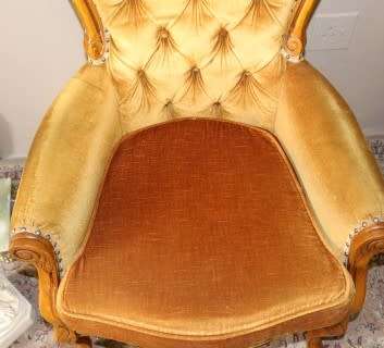 Stylish pair antique carved Victorian arm chairs w/ button detailing & gorgeous fabric PRICE 4 TWO