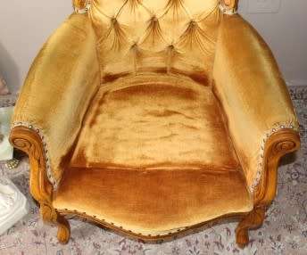 Stylish pair antique carved Victorian arm chairs w/ button detailing & gorgeous fabric PRICE 4 TWO
