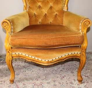 Stylish pair antique carved Victorian arm chairs w/ button detailing & gorgeous fabric PRICE 4 TWO