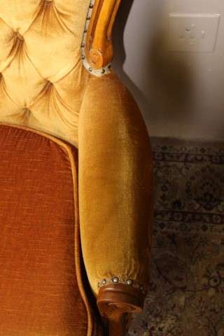 Stylish pair antique carved Victorian arm chairs w/ button detailing & gorgeous fabric PRICE 4 TWO