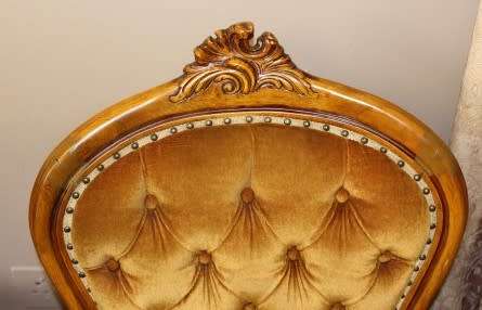 Stylish pair antique carved Victorian arm chairs w/ button detailing & gorgeous fabric PRICE 4 TWO