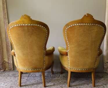Stylish pair antique carved Victorian arm chairs w/ button detailing & gorgeous fabric PRICE 4 TWO