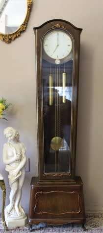 An exquisite Art Deco 1950's German made Junghans weight driven "Granddaughter" clock w/ enamel face