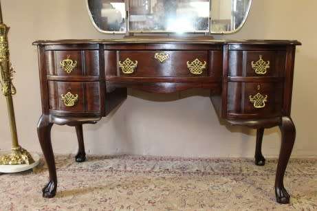 A gorgeous vintage solid Imbuia ball & claw dressing table w 5 drawers, large mirror & brass handles