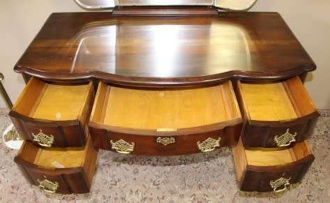 A gorgeous vintage solid Imbuia ball & claw dressing table w 5 drawers, large mirror & brass handles