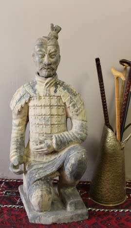 A magnificent large Oriental terracotta kneeling warrior archer statue. Amazing display. WOW!