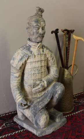 A magnificent large Oriental terracotta kneeling warrior archer statue. Amazing display. WOW!