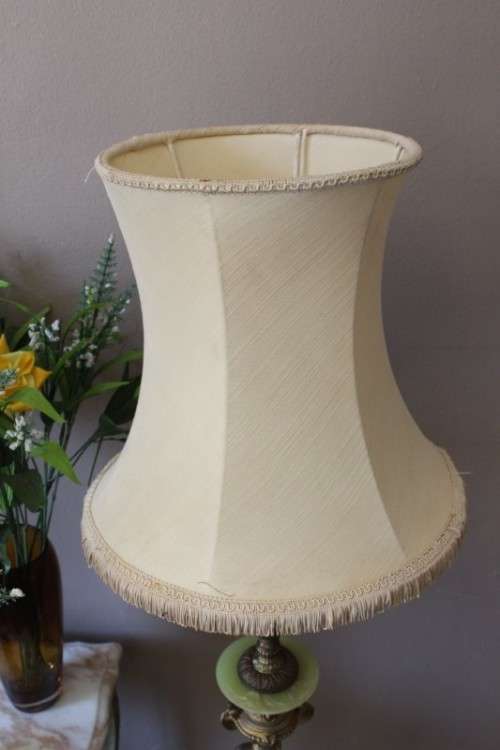 A fabulous vintage brass & green marble floor standing lamp w/ a beautiful Victorian style shade.