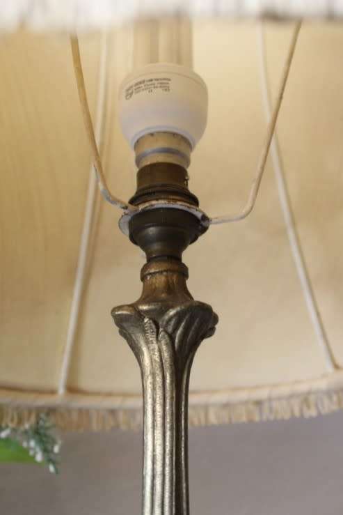 A fabulous vintage brass & green marble floor standing lamp w/ a beautiful Victorian style shade.