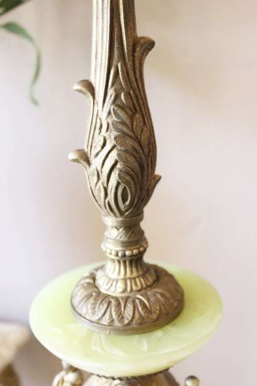 A fabulous vintage brass & green marble floor standing lamp w/ a beautiful Victorian style shade.