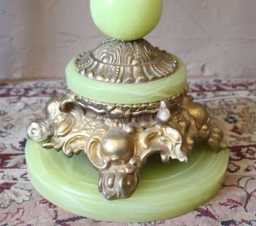 A fabulous vintage brass & green marble floor standing lamp w/ a beautiful Victorian style shade.