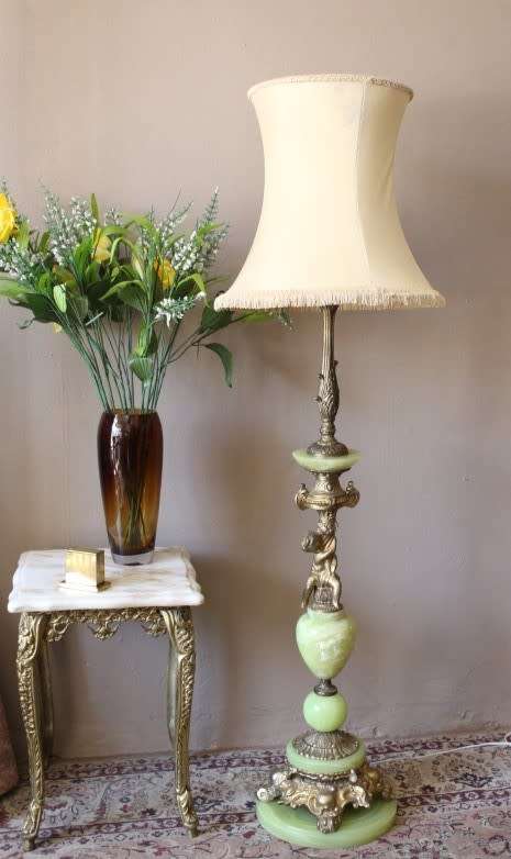 A fabulous vintage brass & green marble floor standing lamp w/ a beautiful Victorian style shade.