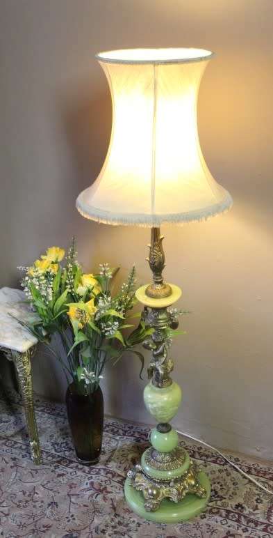 A fabulous vintage brass & green marble floor standing lamp w/ a beautiful Victorian style shade.