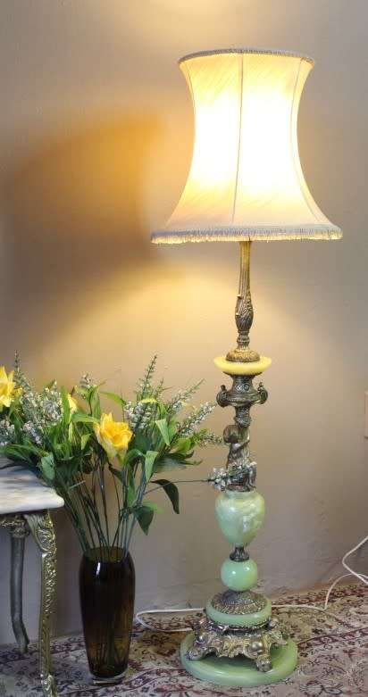 A fabulous vintage brass & green marble floor standing lamp w/ a beautiful Victorian style shade.