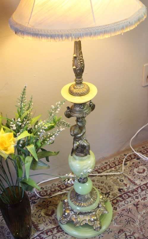 A fabulous vintage brass & green marble floor standing lamp w/ a beautiful Victorian style shade.