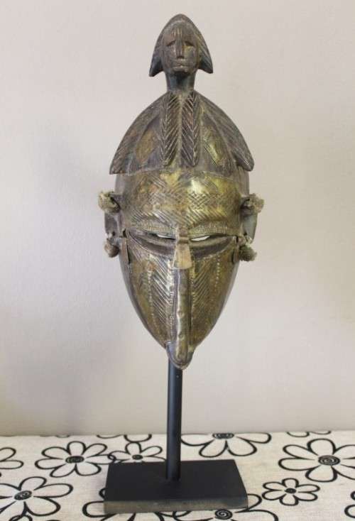 Large traditional hand carved African Mali tribal mask w/ brass, awesome detailing! Lifespace Sale