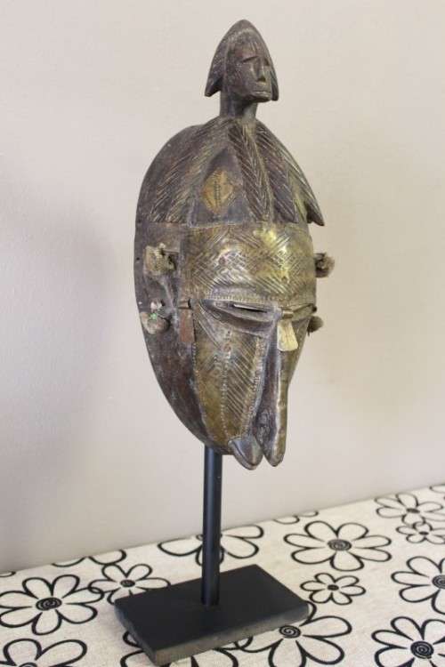 Large traditional hand carved African Mali tribal mask w/ brass, awesome detailing! Lifespace Sale