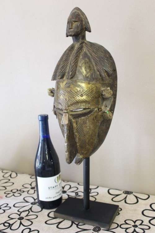 Large traditional hand carved African Mali tribal mask w/ brass, awesome detailing! Lifespace Sale