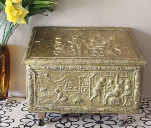 A fabulous vintage coal box (Purdonium) with incredible solid brass covering and wheels!!
