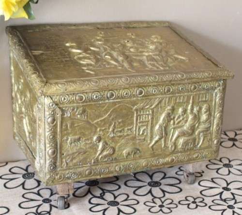 A fabulous vintage coal box (Purdonium) with incredible solid brass covering and wheels!!