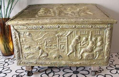 A fabulous vintage coal box (Purdonium) with incredible solid brass covering and wheels!!