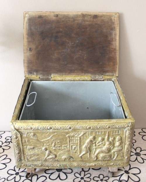 A fabulous vintage coal box (Purdonium) with incredible solid brass covering and wheels!!
