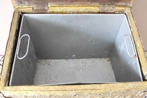 A fabulous vintage coal box (Purdonium) with incredible solid brass covering and wheels!!