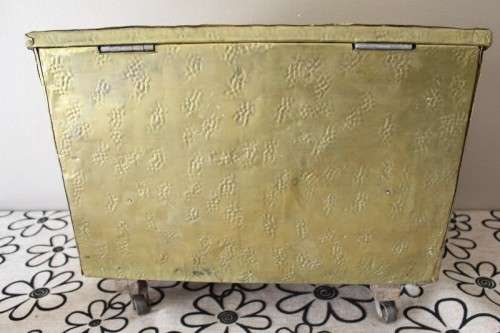 A fabulous vintage coal box (Purdonium) with incredible solid brass covering and wheels!!