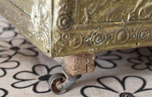 A fabulous vintage coal box (Purdonium) with incredible solid brass covering and wheels!!