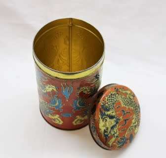 A very attractive vintage Chinese authentic red dragon tea tin. Lifespace Sale