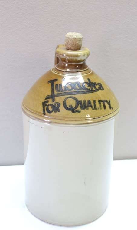 A original vintage 2 tone stoneware handled and corked "Vereeniging" ginger beer jar-Lifespace Sale