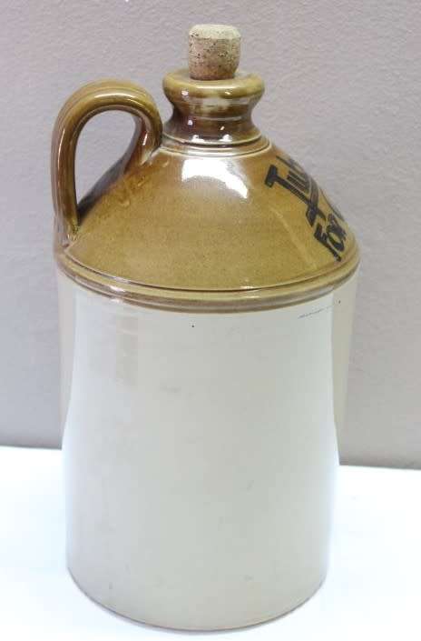 A original vintage 2 tone stoneware handled and corked "Vereeniging" ginger beer jar-Lifespace Sale