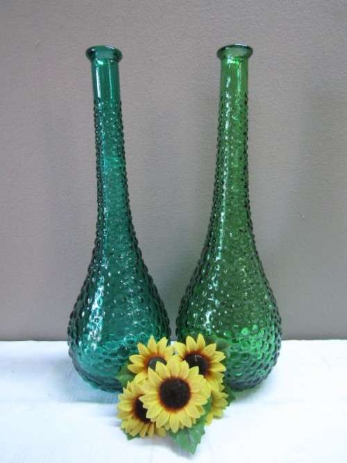 A fabulous set of two green retro hobnail Genie bottles/decanters!! Lovely on a summer table.