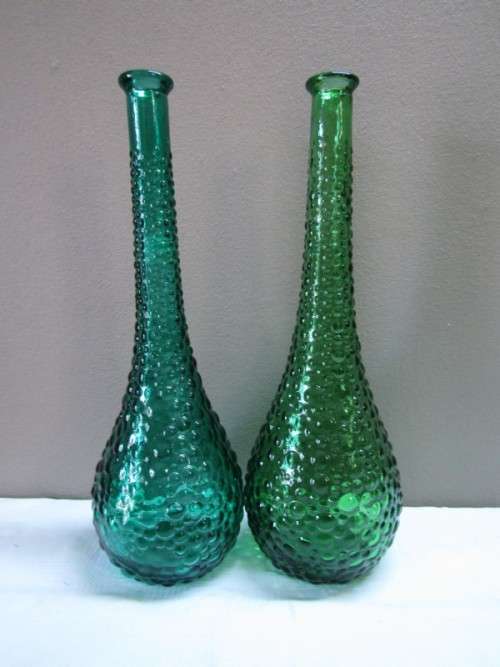 A fabulous set of two green retro hobnail Genie bottles/decanters!! Lovely on a summer table.