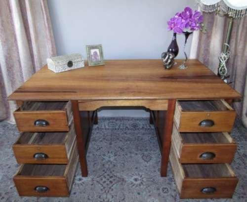 A fantastic large vintage six drawer light Teak desk with a large work surface. Wow!!!!