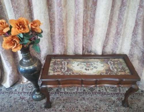 vintage scalloped edge Teak ball and claw coffee table w/ a tapestry under glass-Lifespace Sale