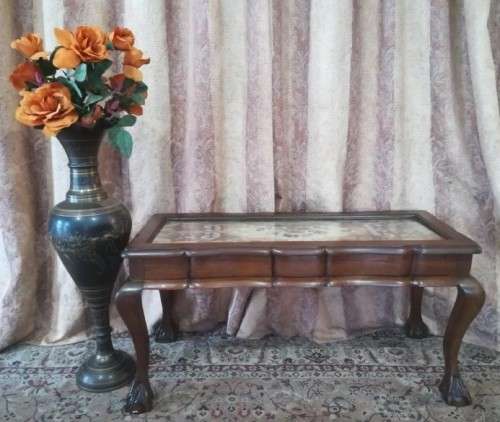 vintage scalloped edge Teak ball and claw coffee table w/ a tapestry under glass-Lifespace Sale