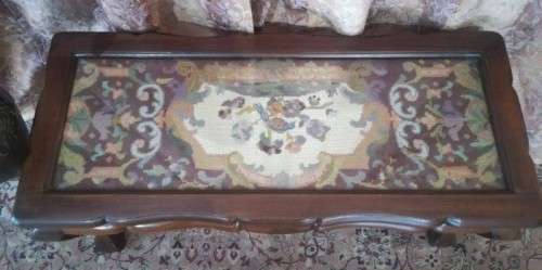 vintage scalloped edge Teak ball and claw coffee table w/ a tapestry under glass-Lifespace Sale